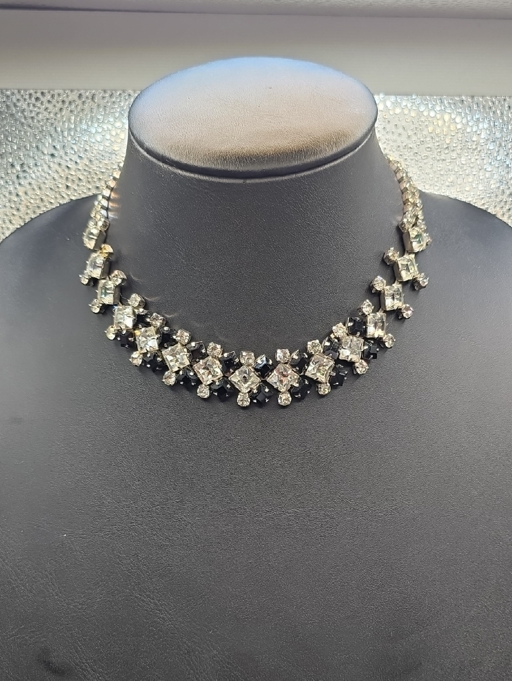 Vintage Crystal and Black Geometric Rhinestone Collar Choker Necklace